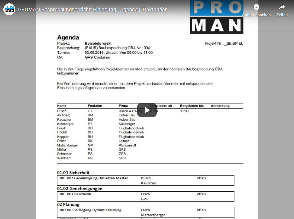 PROMAN Besprechungsbericht: Einladung | Agenda | Traktanden